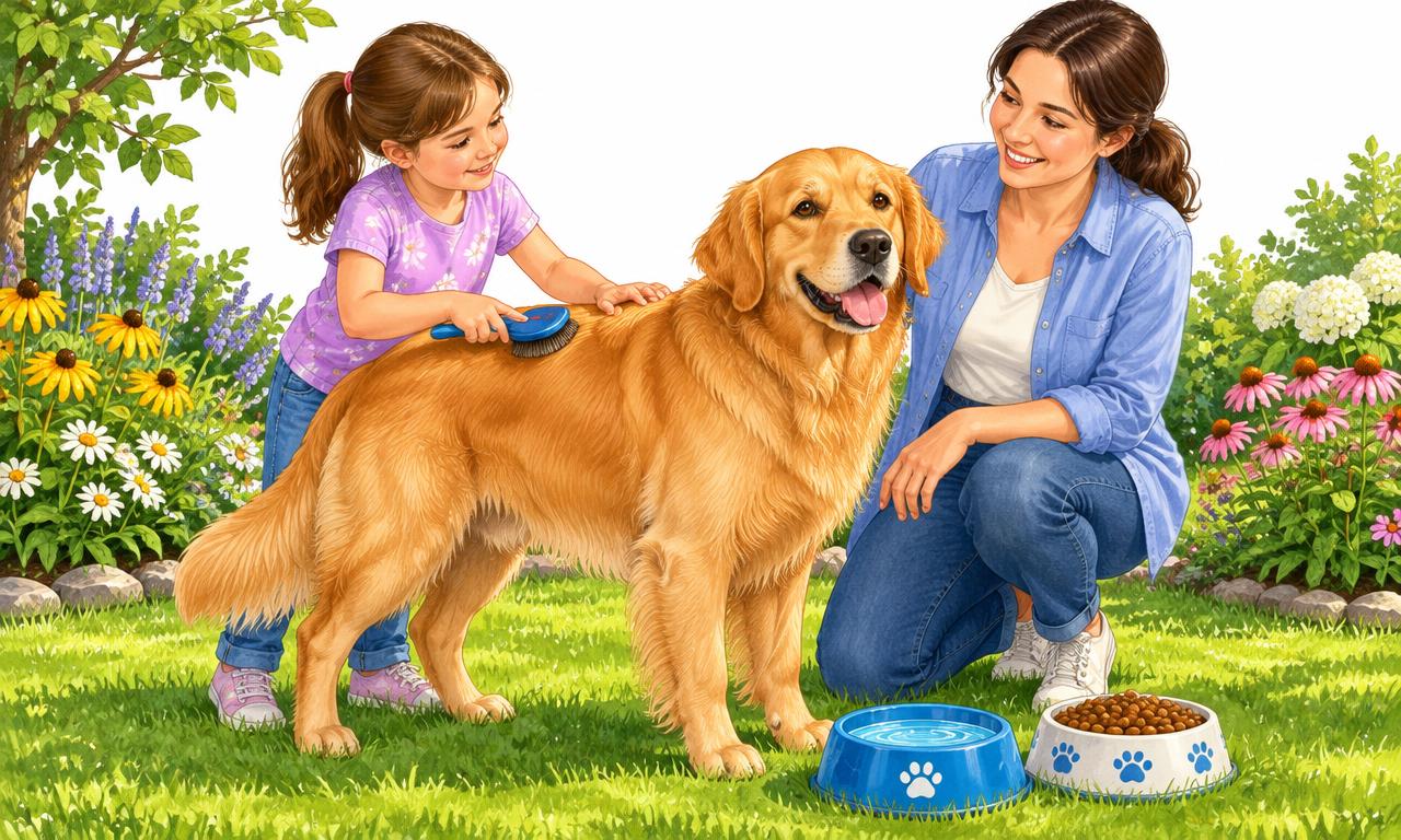 A child gently brushes a golden dog's fur with an adult nearby.