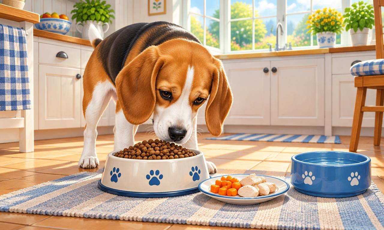 A dog with a kibble bowl, fresh water, and a separate plate of carrot and plain chicken pieces.