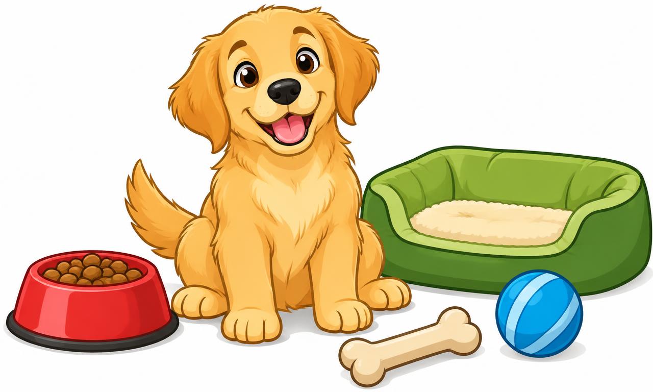 Happy cartoon dog with a food bowl, ball and bone