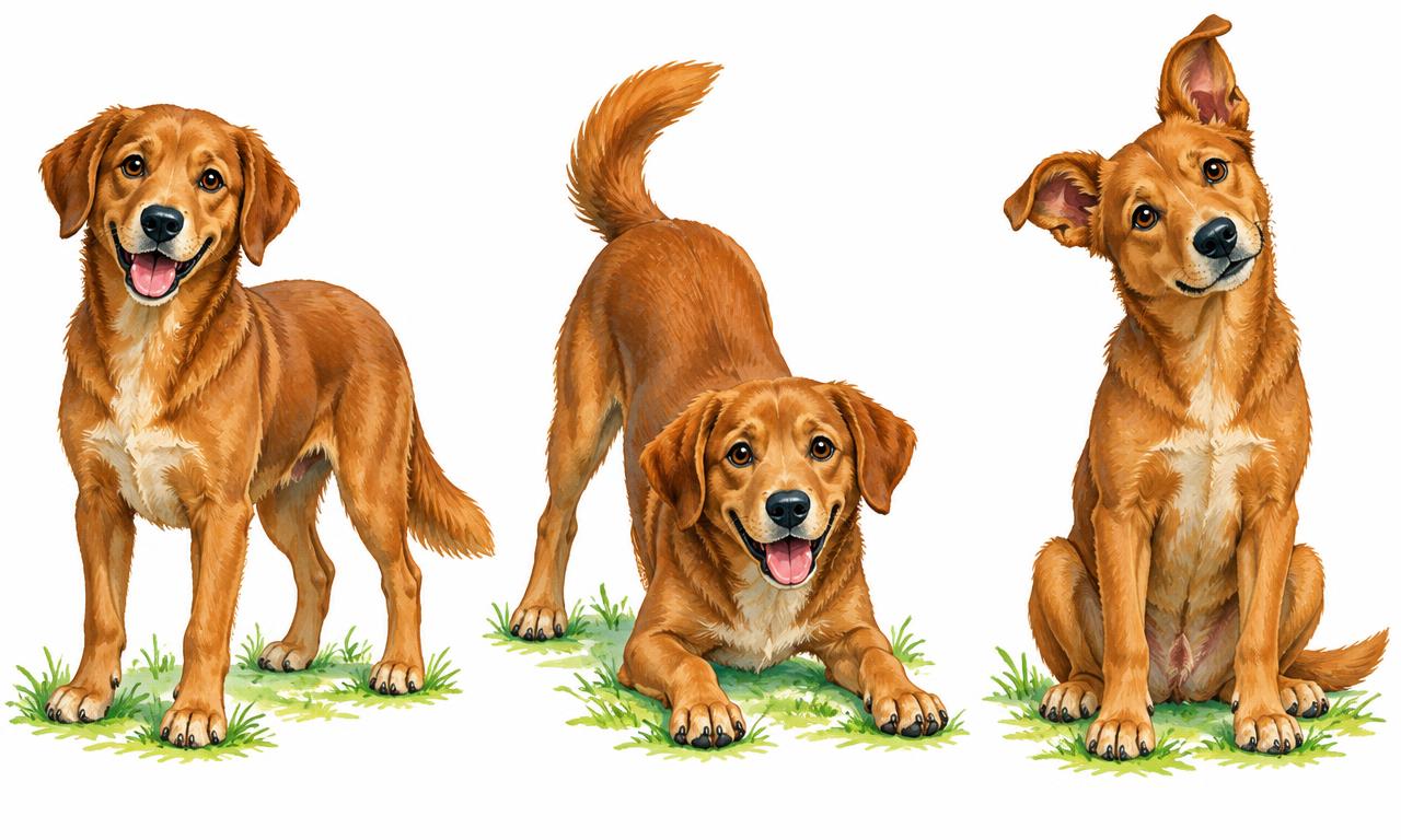 A dog standing relaxed, making a play bow, and sitting with its head tilted.