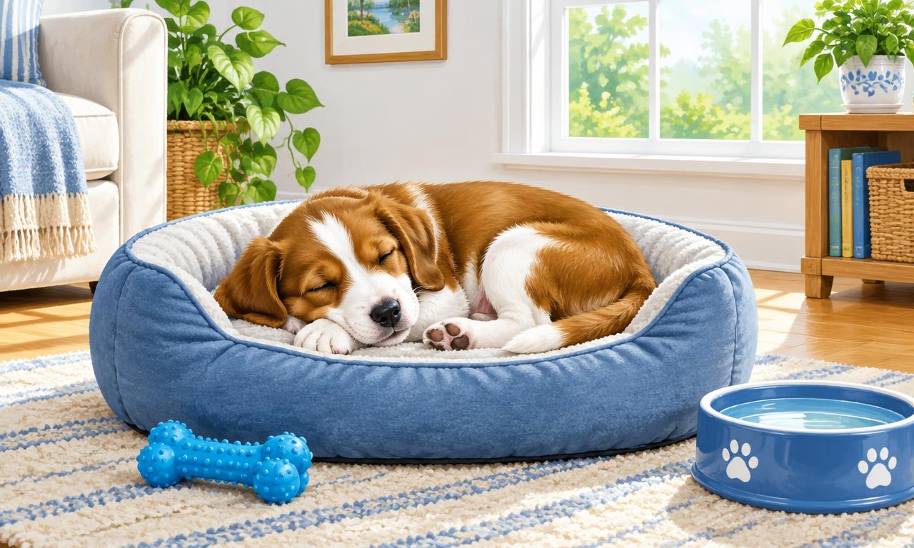 A puppy sleeps in a soft dog bed with water and a chew toy nearby.