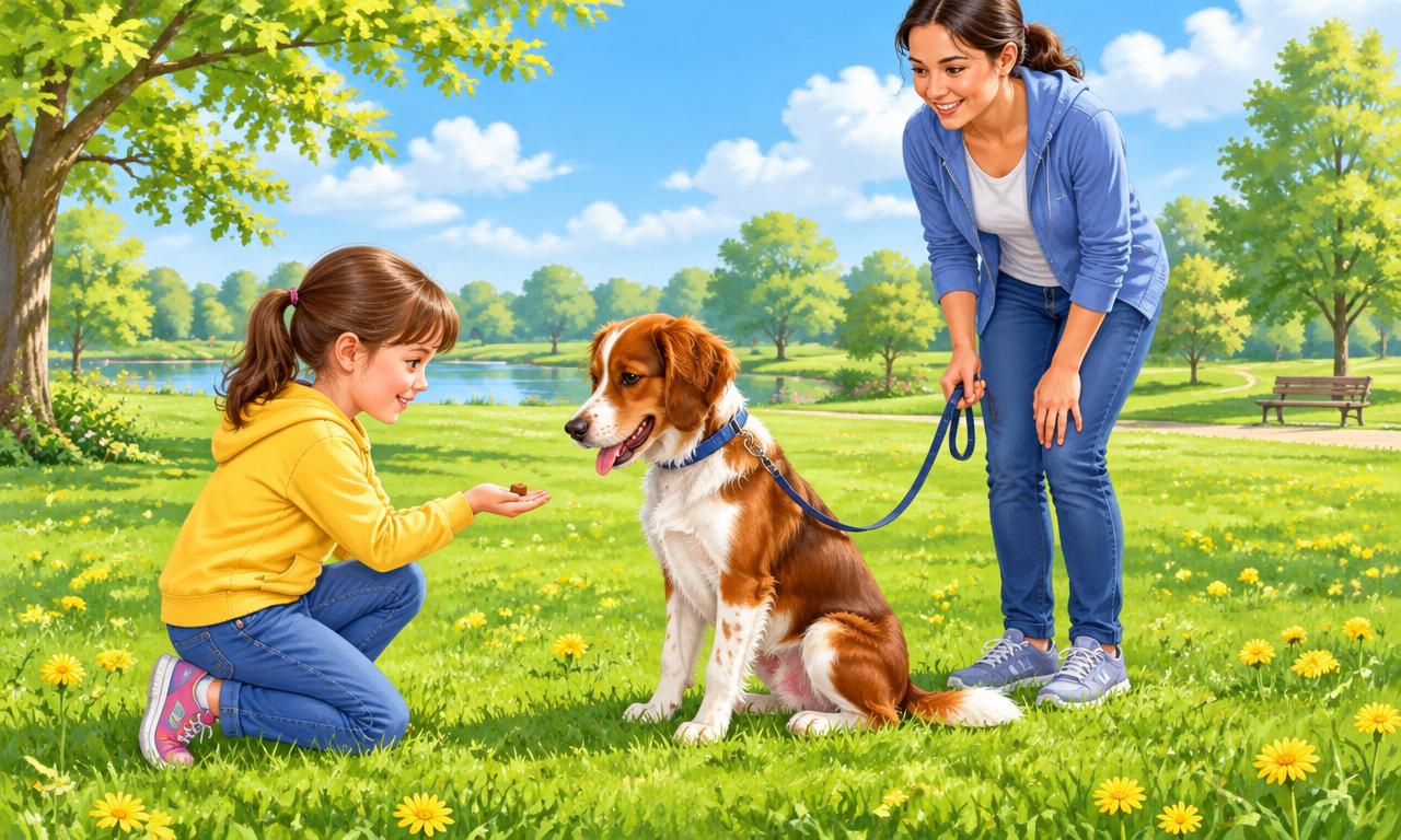 A dog practices sitting for a small reward while an adult holds its loose leash.