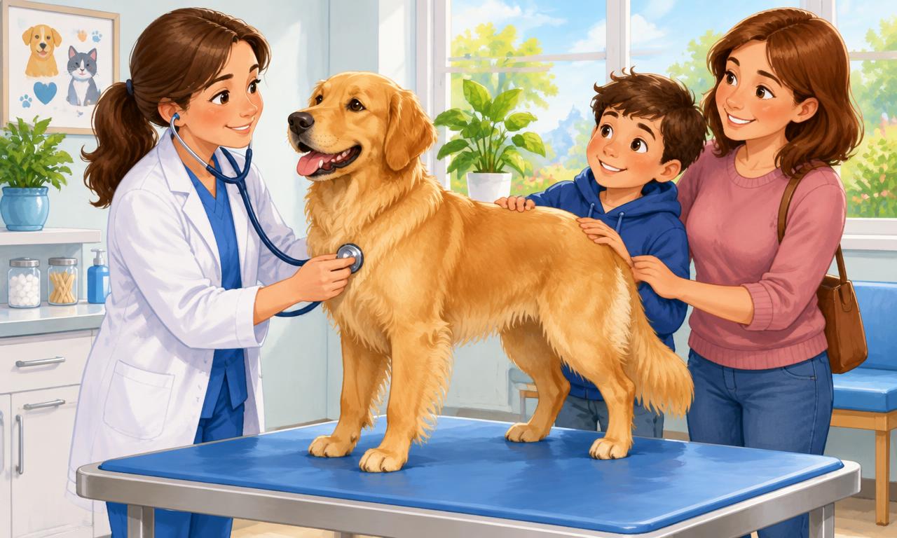 A veterinarian gently examines a dog while a child and parent stay beside it.