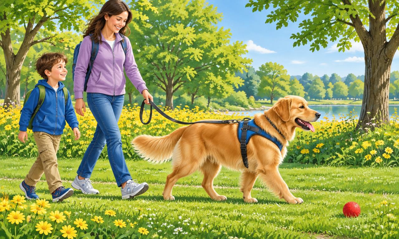 A parent and child walk a dog wearing a comfortable harness in a sunny park.