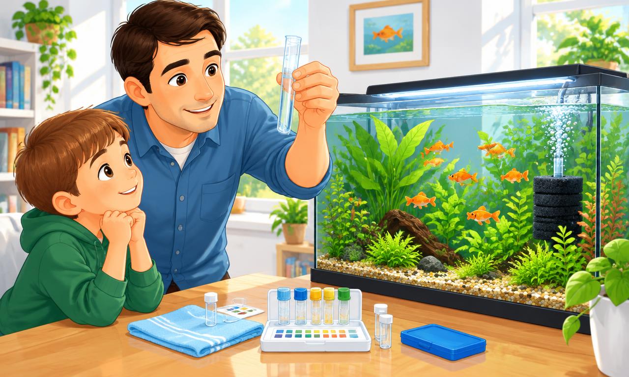 An adult and child inspect an aquarium water sample outside the tank.
