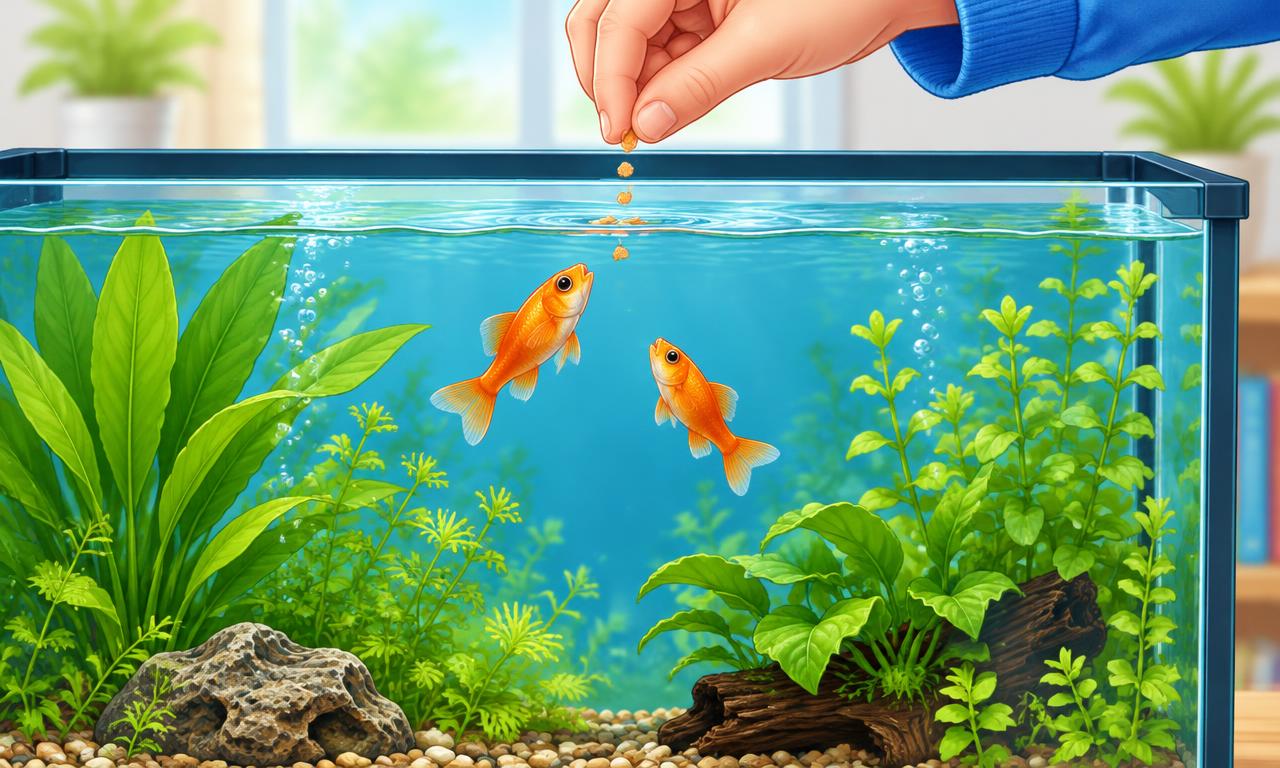 A few small pieces of fish food are added while fish swim toward the surface.