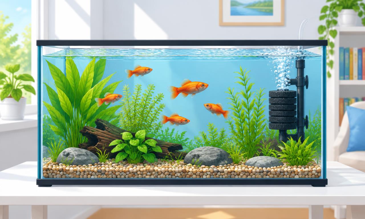 A planted aquarium with a black sponge filter and bubbles rising through the water.