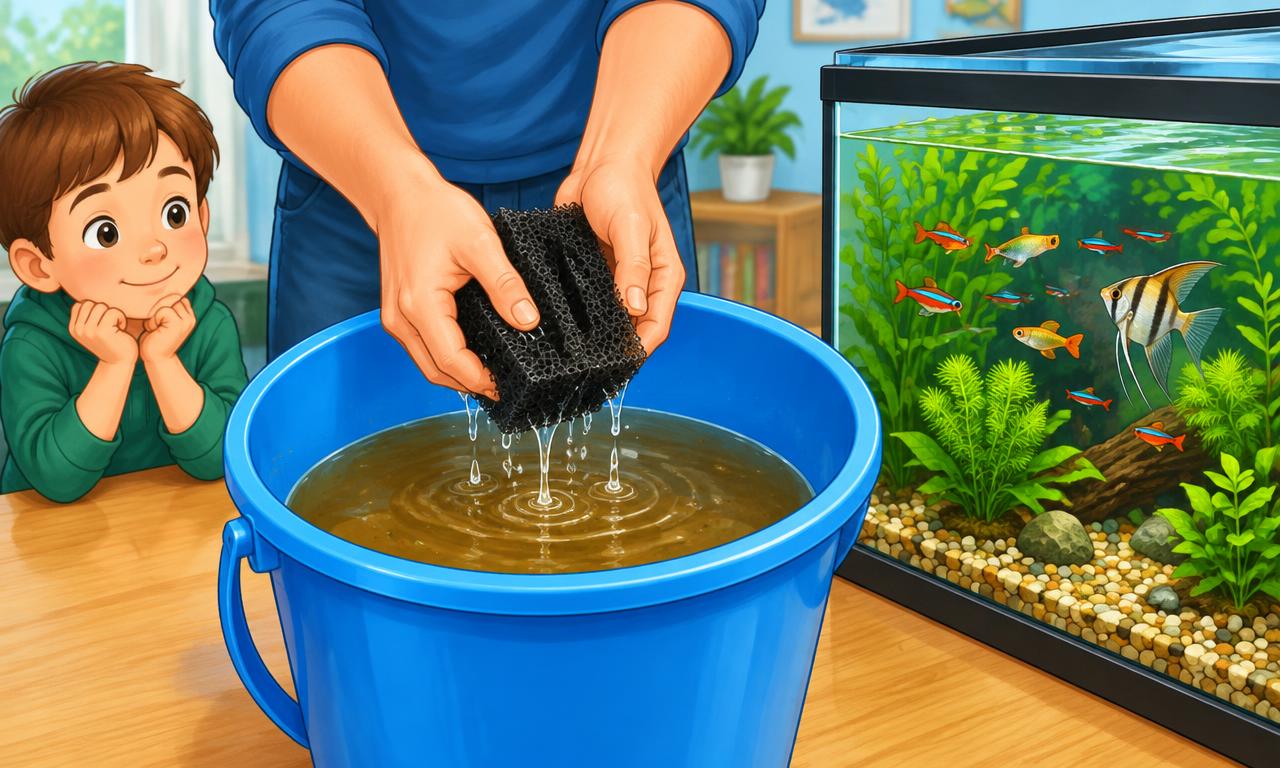 An adult gently squeezes a filter sponge over a bucket of old aquarium water.