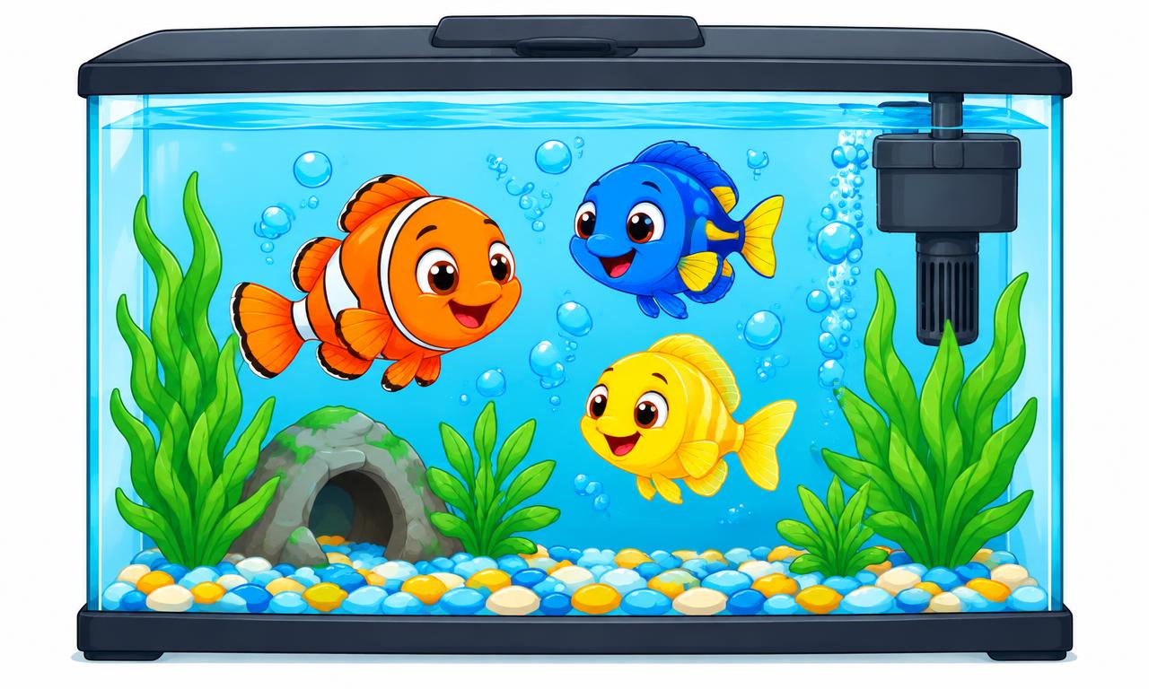 Happy cartoon fish in a tank