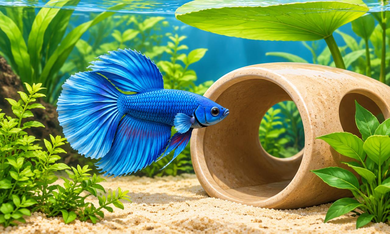 A blue betta fish explores a smooth ceramic tunnel among green aquarium plants.