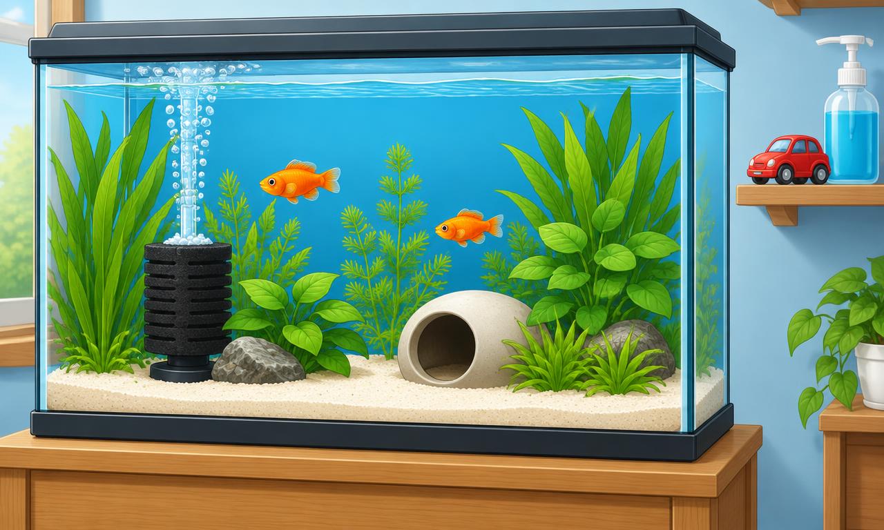 An aquarium with plants and a smooth cave; household items remain outside the tank.