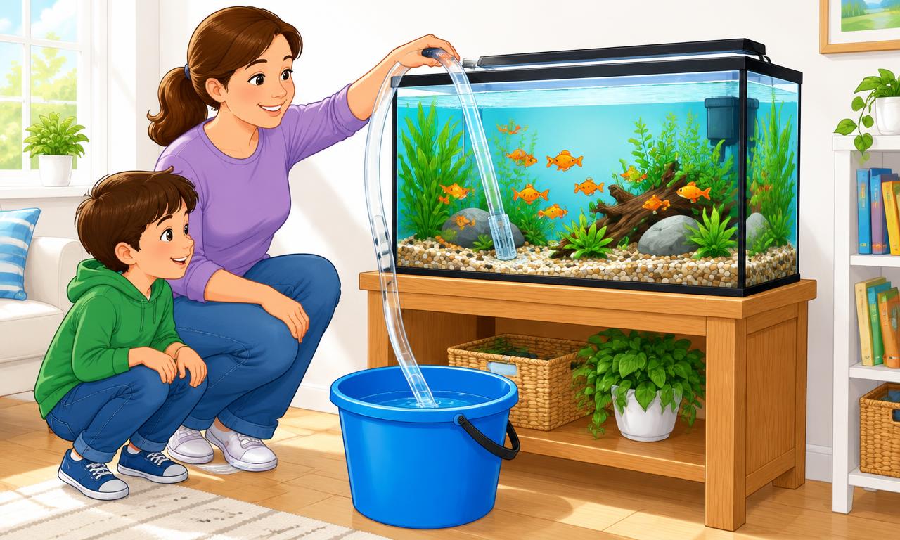 An adult uses a gravel siphon and bucket for an aquarium water change while a child watches.